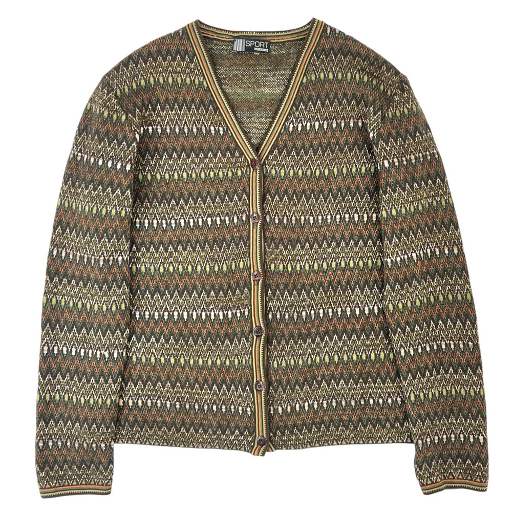 MISSONI Sport Vintage Green Brown Geometric Wool Blend Relaxed Fit Cardigan